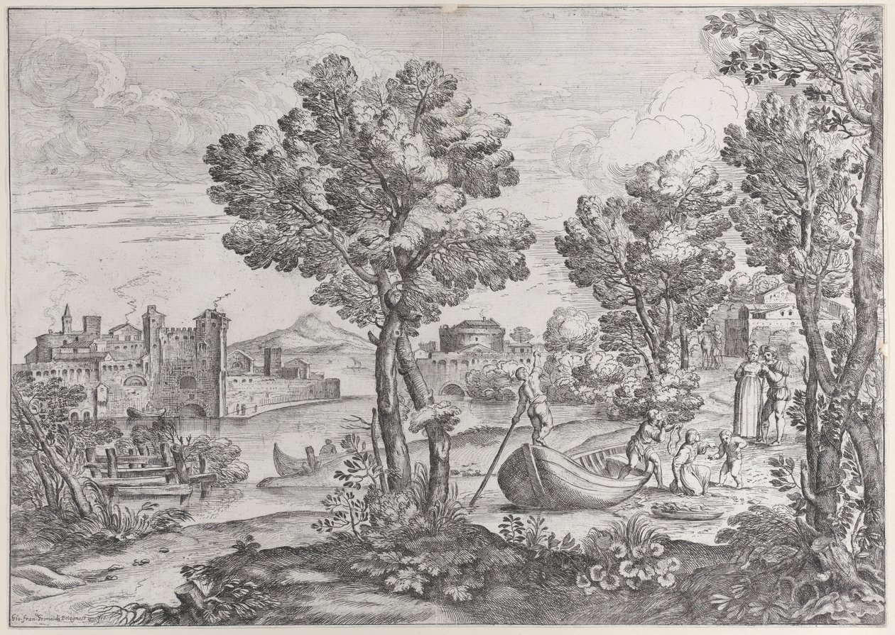 Landscape with a man holding a snake to a terrified child, watched by a fashionably dressed person, 1626-80 by Giovanni Francesco Grimaldi