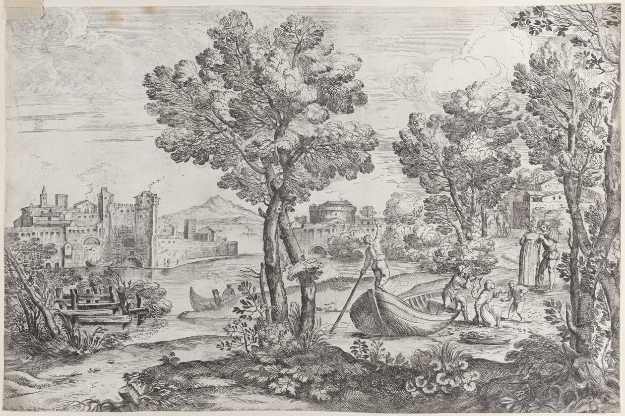 Landscape with a Man Holding a Snake to a Terrified Child, Watched by a Fashionably Dressed Person by Giovanni Francesco Grimaldi