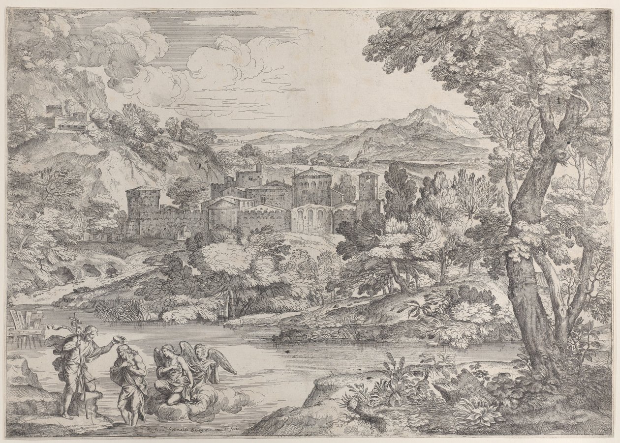 The Baptism of Christ at lower left, within a landscape by Giovanni Francesco Grimaldi