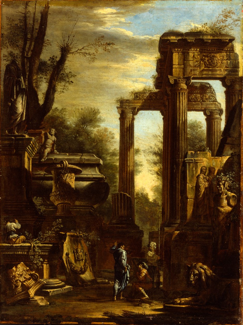 Capriccio of Classical Ruins and Statuary with Figures Conversing by Giovanni Ghisolfi