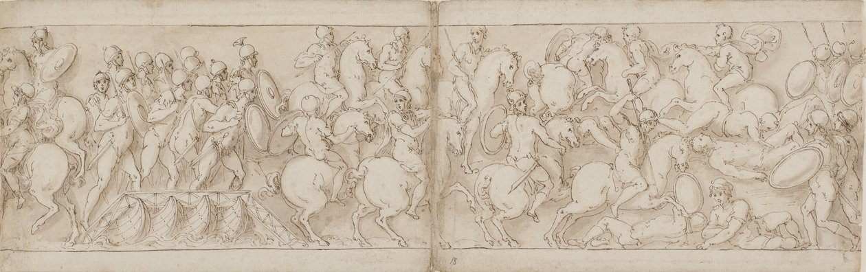 Marcus Aurelius sets out over a wharf with infantry and cavalry; the Sarmatians are repulsed by advancing Romans by Giovanni Guerra
