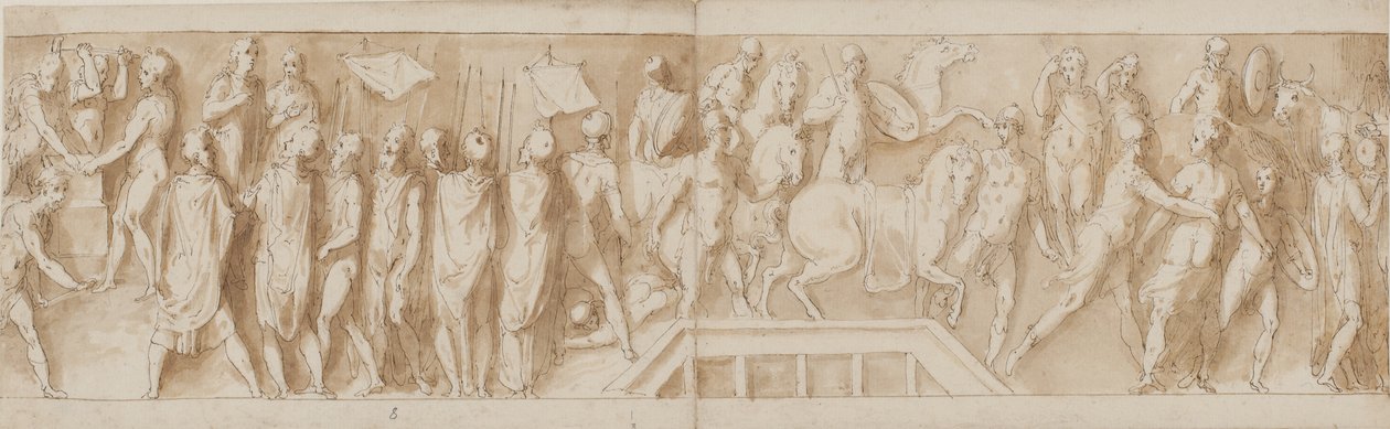 Roman Soldiers Building a Camp (End of LXXXII); An Address (LXXXIII); Romans Crossing a River on a Pontoon Bridge (LXXXIV); Women are Taken Prisoner (Beginning of LXXXV) by Giovanni Guerra