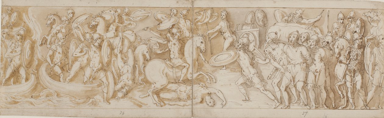 Roman soldiers crossing a river in boats (largely restoration); a fighting Roman soldier; Roman guards bringing barbarian prisoners before the emperor; beginning of a march by Giovanni Guerra