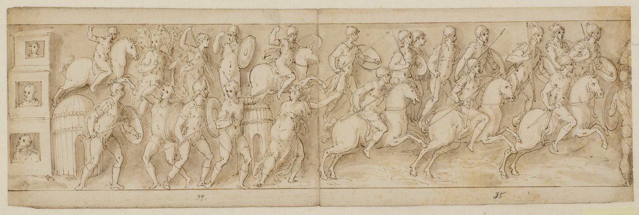 Three Sedan Chairs; the Romans Attack a Chief’s Dwelling; the Romans Marching Back to Camp by Giovanni Guerra