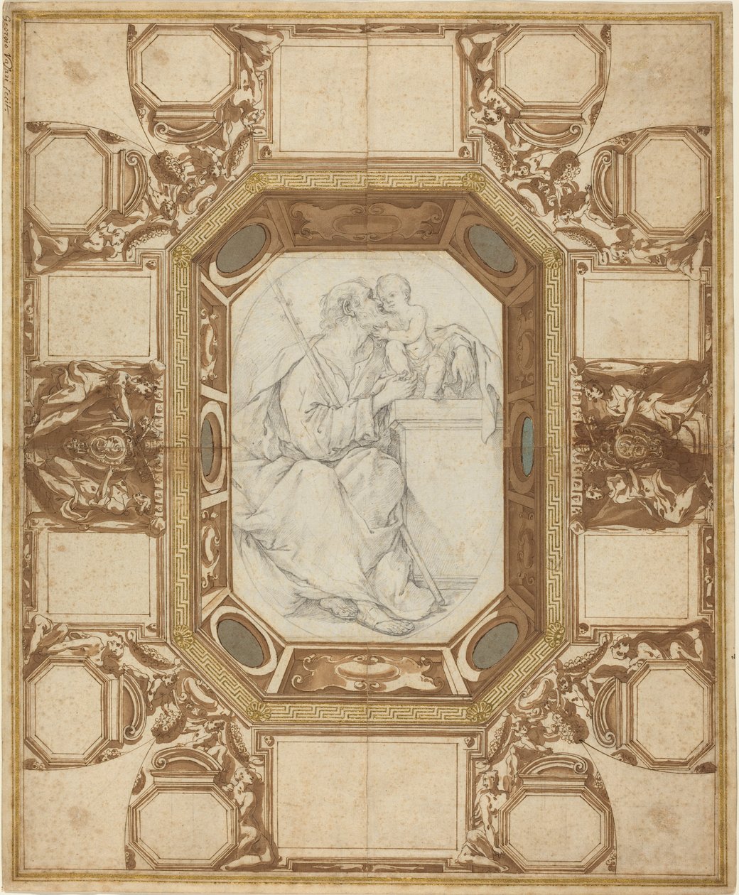 Ceiling with Allegorical Figures and the Arms of Pope Sixtus V; Saint Joseph and the Christ Child by Giovanni Guerra and Domenico Maria Viani
