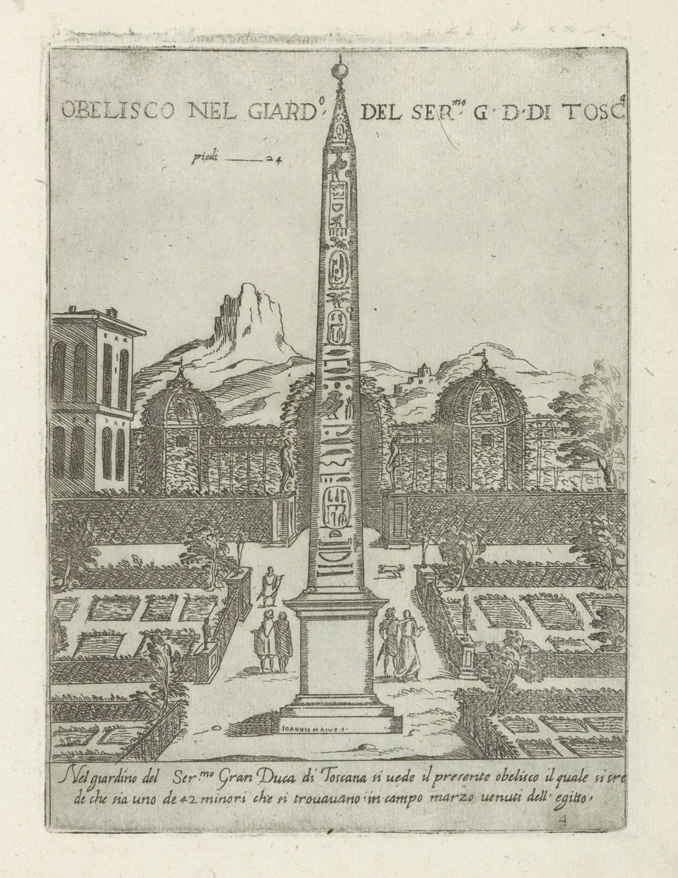 Egyptian Obelisk in the Garden of the Villa Medici in Rome (title on object: Obelisk in the Garden of the Most Serene Grand Duke of Tuscany) (series title: Modern and Ancient Monuments and Buildings in Rome) by Giovanni Maggi