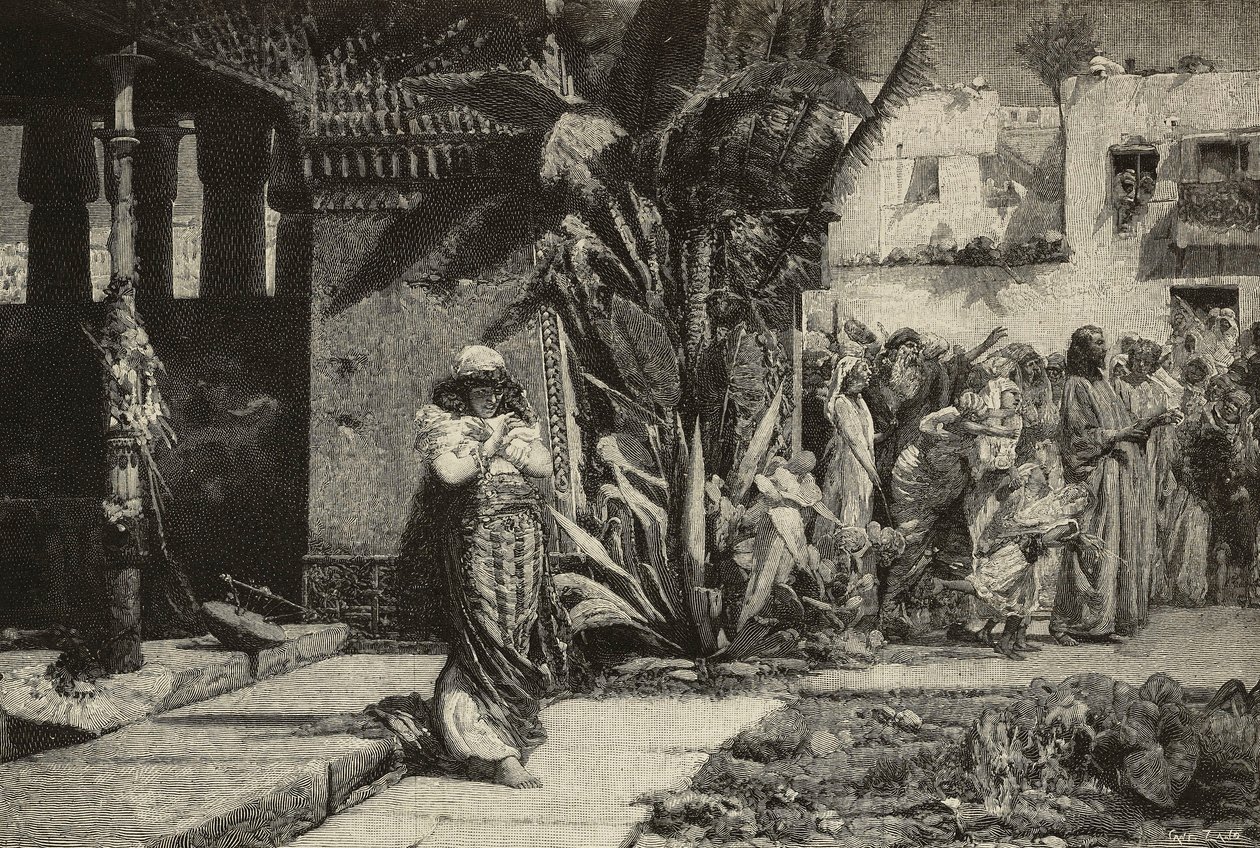 Magdalene, woman with turban and procession in Middle Eastern village, engraving by Cantagalli brothers from painting by Giovanni Muzzioli, Modena, Italy from L