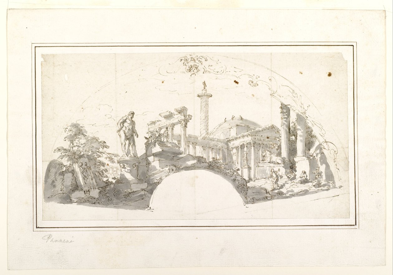 Design for a Fan: Capriccio with Roman Ruins and the Farnese Hercules by Giovanni Paolo Panini