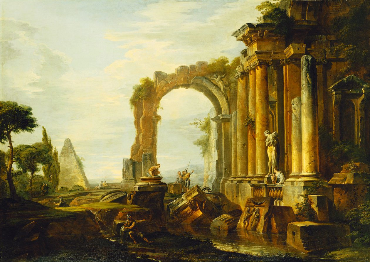 A Capriccio of Classical Ruins with the Pyramid of Cestius and Figures in a Landscape by Giovanni Paolo Pannini