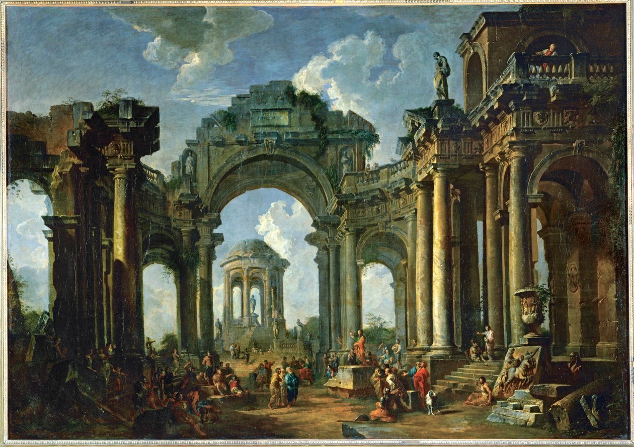 The Preaching of an Apostle in Ruins of Ancient Doric Architecture by Giovanni Paolo Pannini or Panini