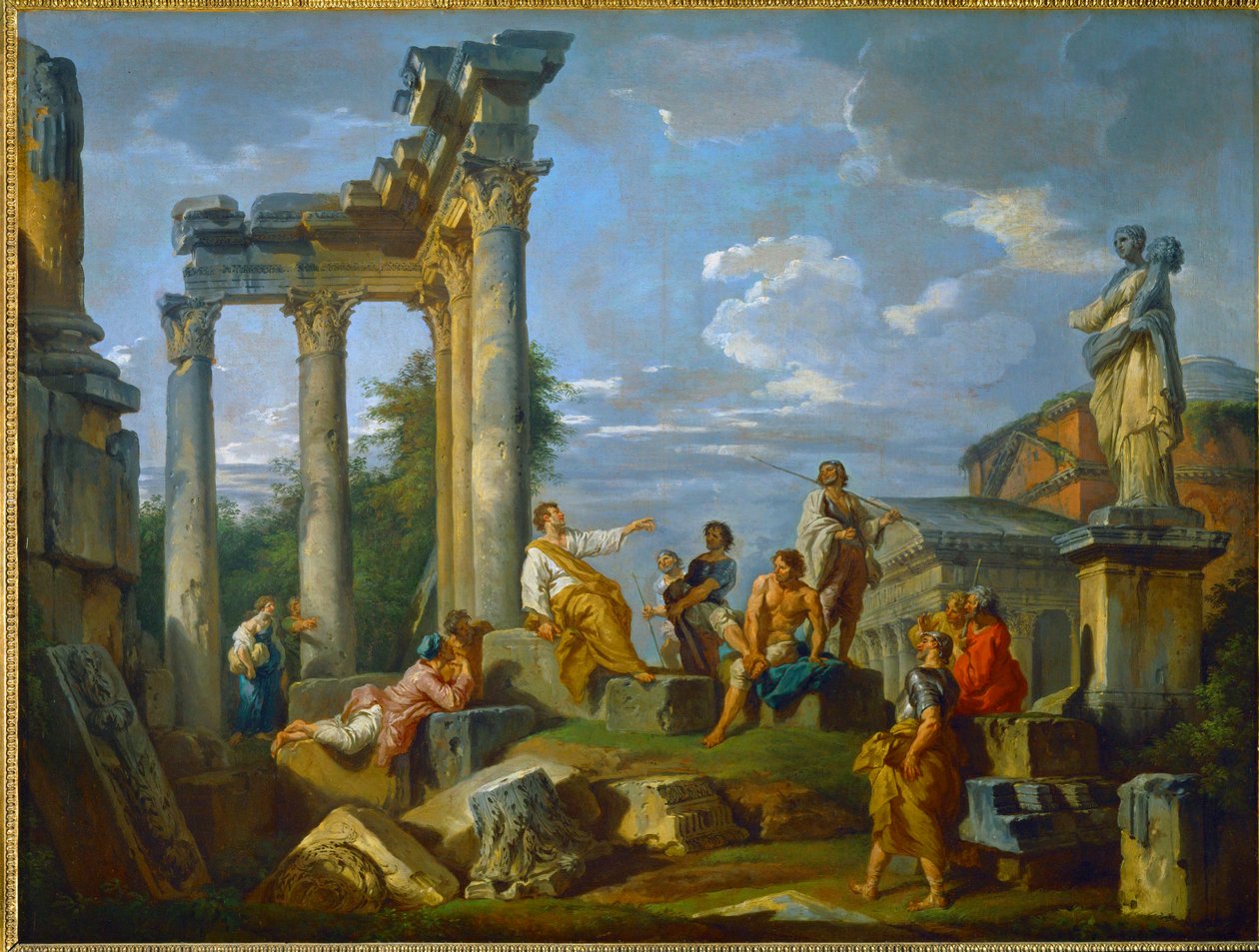 Preacher Amidst Ruins in Rome Enriched with Figures, with the Pantheon and the Statue of Flora by Giovanni Paolo Pannini or Panini