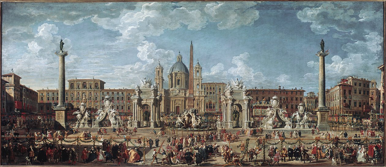 Preparations for the fireworks and decorations of the feast given in Rome celebrating the birth of the Louis de France dolphin by Giovanni Paolo Pannini