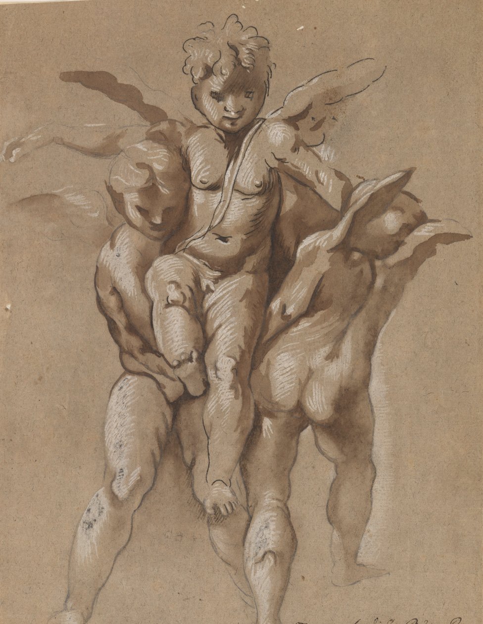 Two Putti Carrying a Third Putti (recto); A Youth with a Staff (verso) by Giovanni Pietro Possenti