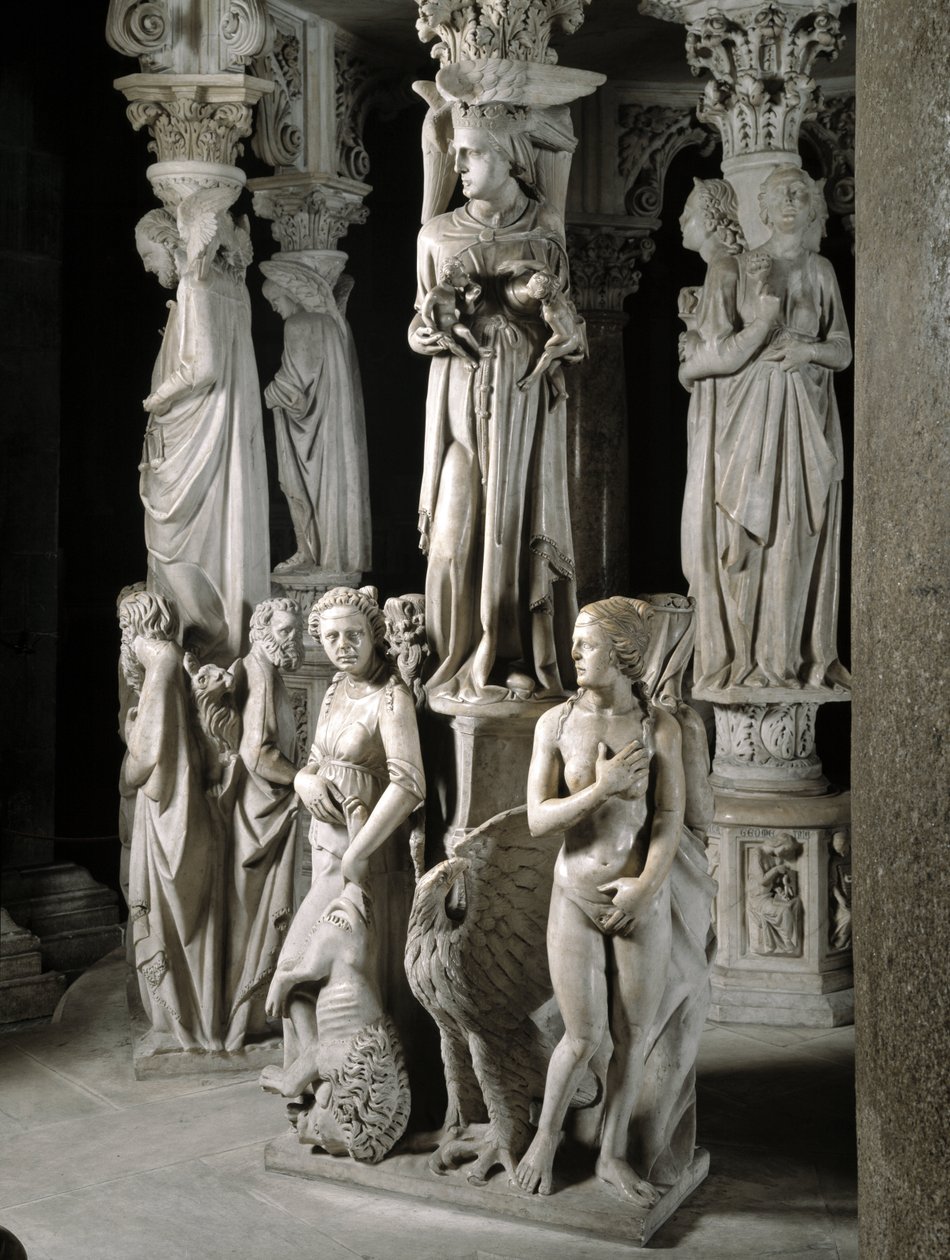 Detail of the Sculpted Groups Supporting the Chair: The Church Feeds Her Children and Two of the Four Cardinal Virtues by Giovanni Pisano
