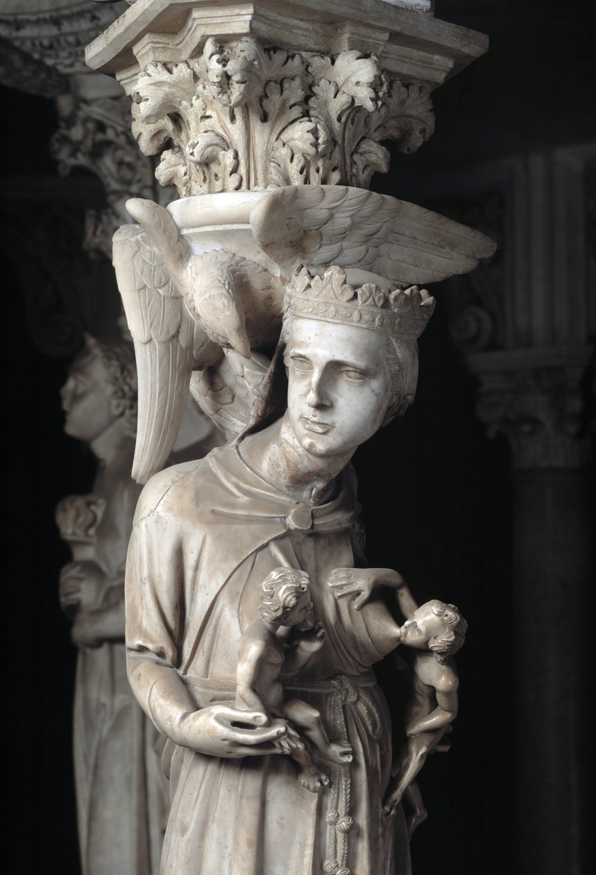 Detail of the Sculpted Groups Supporting the Chair: The Church Nourishing Its Children by Giovanni Pisano