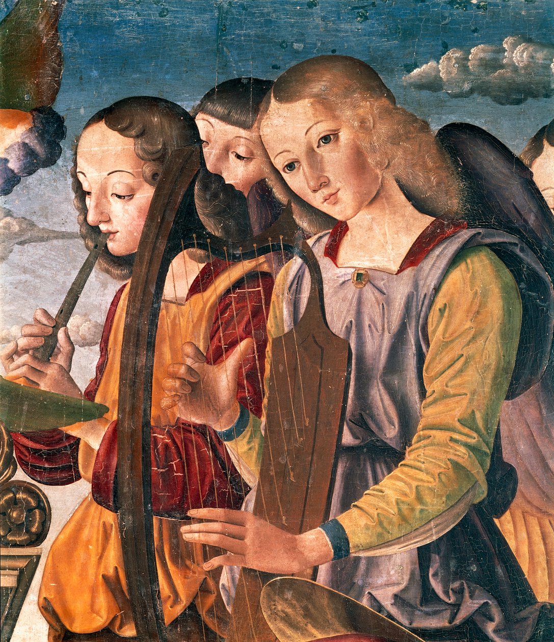 Angels with instruments, (detail) from Holy Conversation with Madonna and Child enthroned with donor and saints by Giovanni Santi