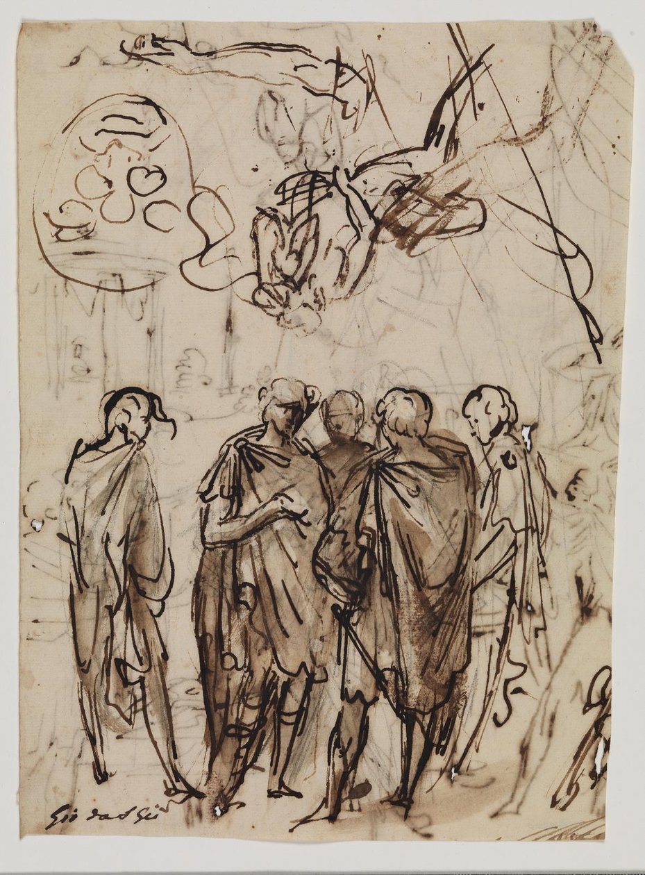 A Group of Five Men Conversing, Upside Down Relative to Them, Sketches for a Reclining Old Man, a Right Arm, and Possibly for a Coat of Arms by Giovanni da San Giovanni