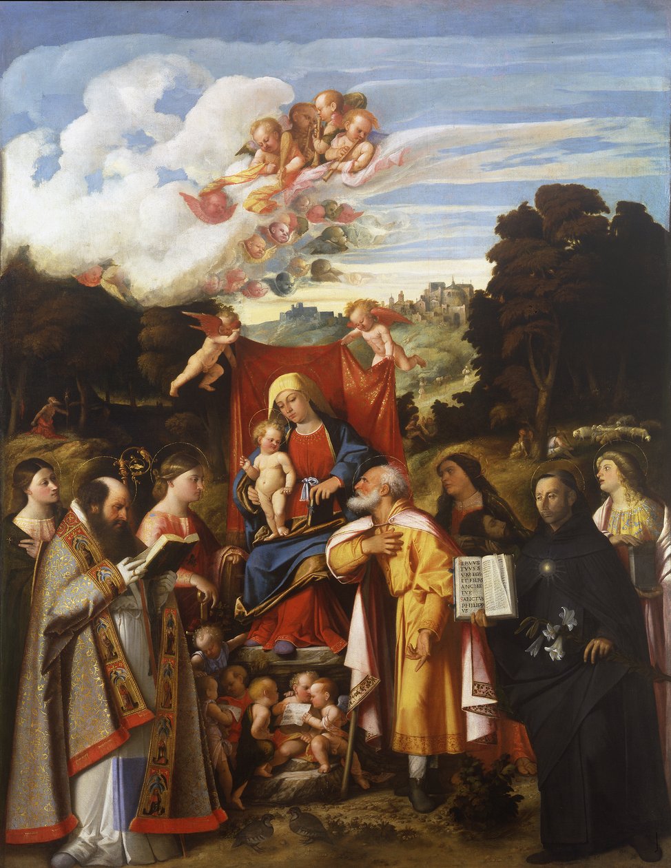 Madonna Enthroned with Angels, St. Apollonia, St. Augustine, St. Catherine, St. Joseph, St. Grata, St. Philip Benizzi and St. Barbara (St. Gotthard Altarpiece) by Giovanni de Busi Cariani
