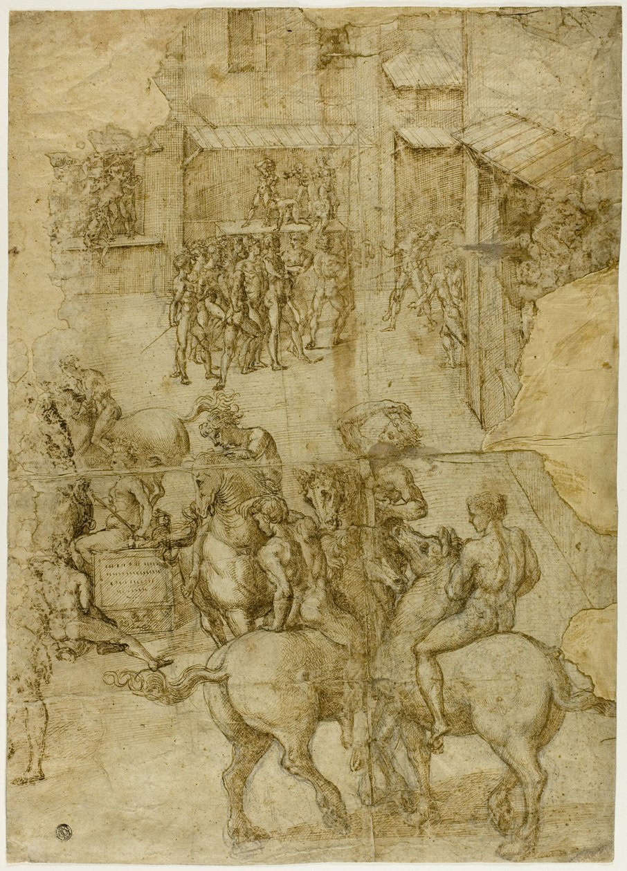 Mythological Pageant (recto); Illegible Inscriptions and Anatomical Studies of Head (verso) by Girolamo Genga