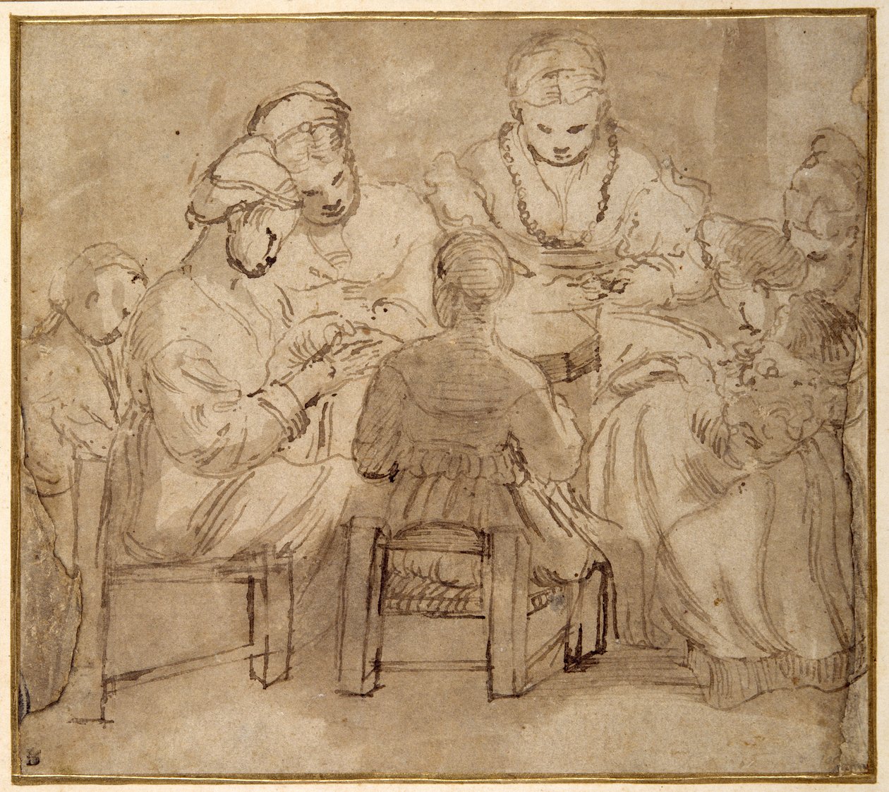 Women and girls seated round a table sewing by Girolamo Romanino