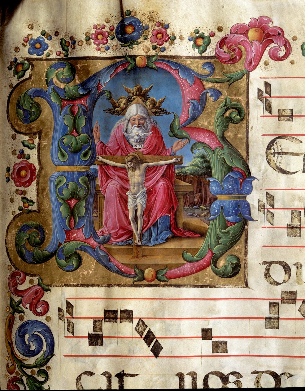 Decorated letter B representing the Holy Trinity (Throne of Grace) God, Jesus Christ and the dove of the Holy Spirit. Miniature by Girolamo da Cremona (active around 1451-1483) from a choir (Cod. 10/L. c.81v) from the Cathedral of Siena. 15th century. by Girolamo da Cremona