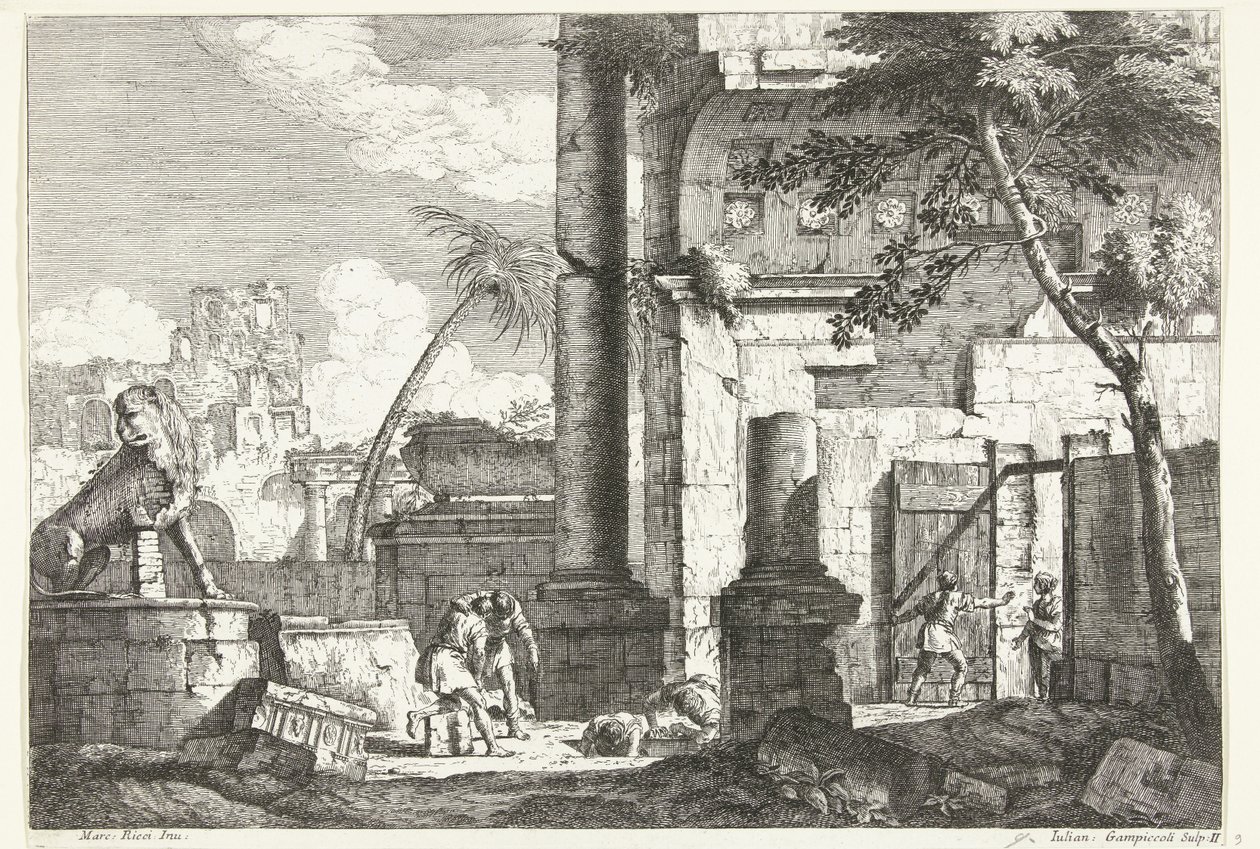 Ancient Ruins with Grave Robbers and Palm Tree by Giuliano Giampiccoli