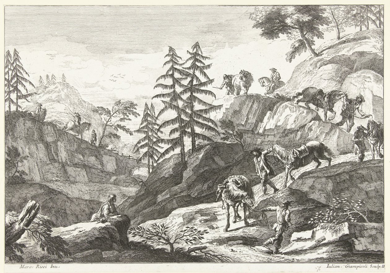Mountain Landscape with Riders Leading Horses Downhill by Giuliano Giampiccoli