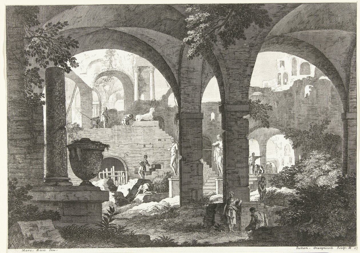 View Through Vaults to Ruins and Statues with Some Figures by Giuliano Giampiccoli