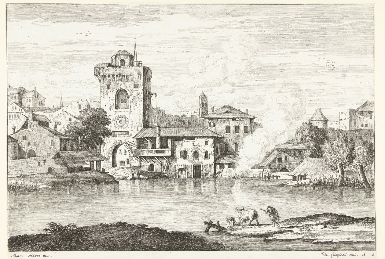 View of City with Tower by Water by Giuliano Giampiccoli