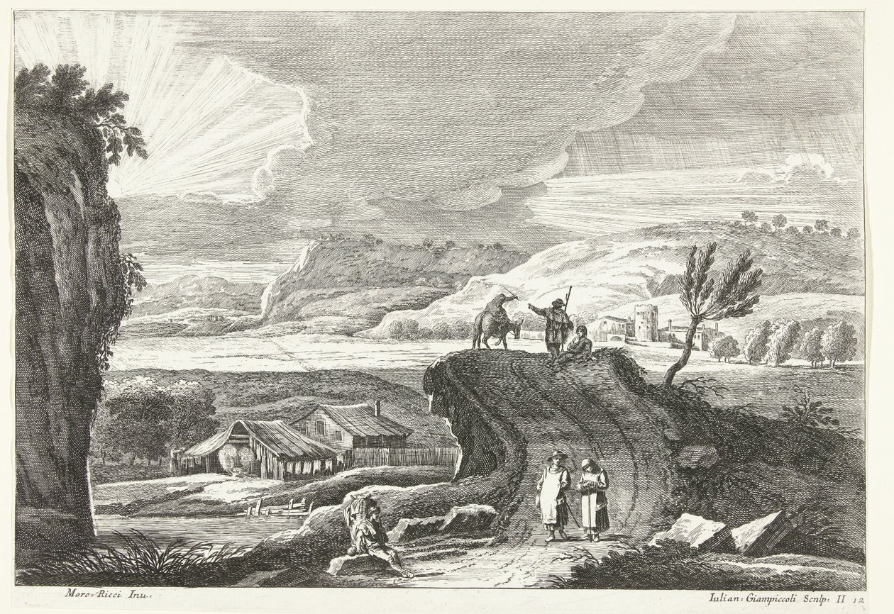 Hilly Landscape with Pilgrims on the Road and Setting Sun by Giuliano Giampiccoli