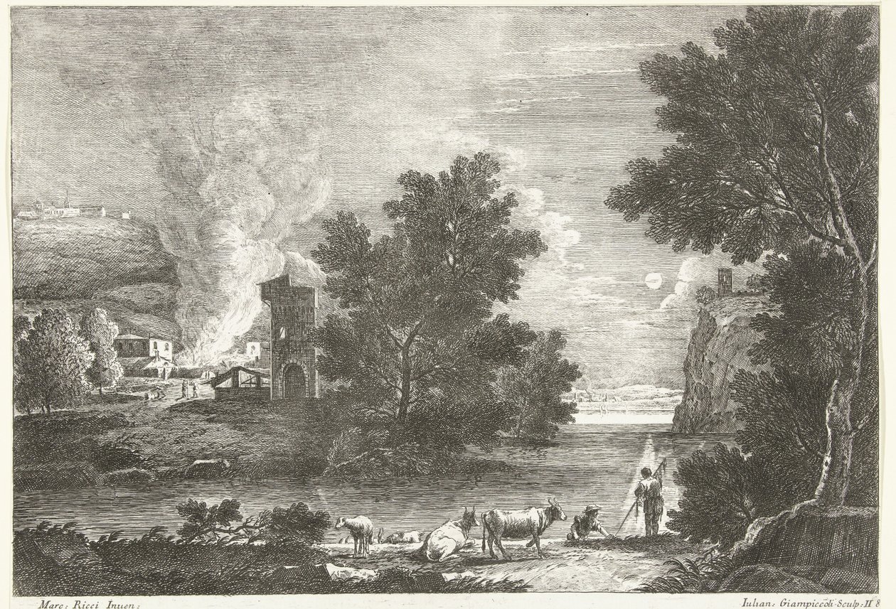 Landscape by Moonlight with Fire (Italian Landscapes) by Giuliano Giampiccoli