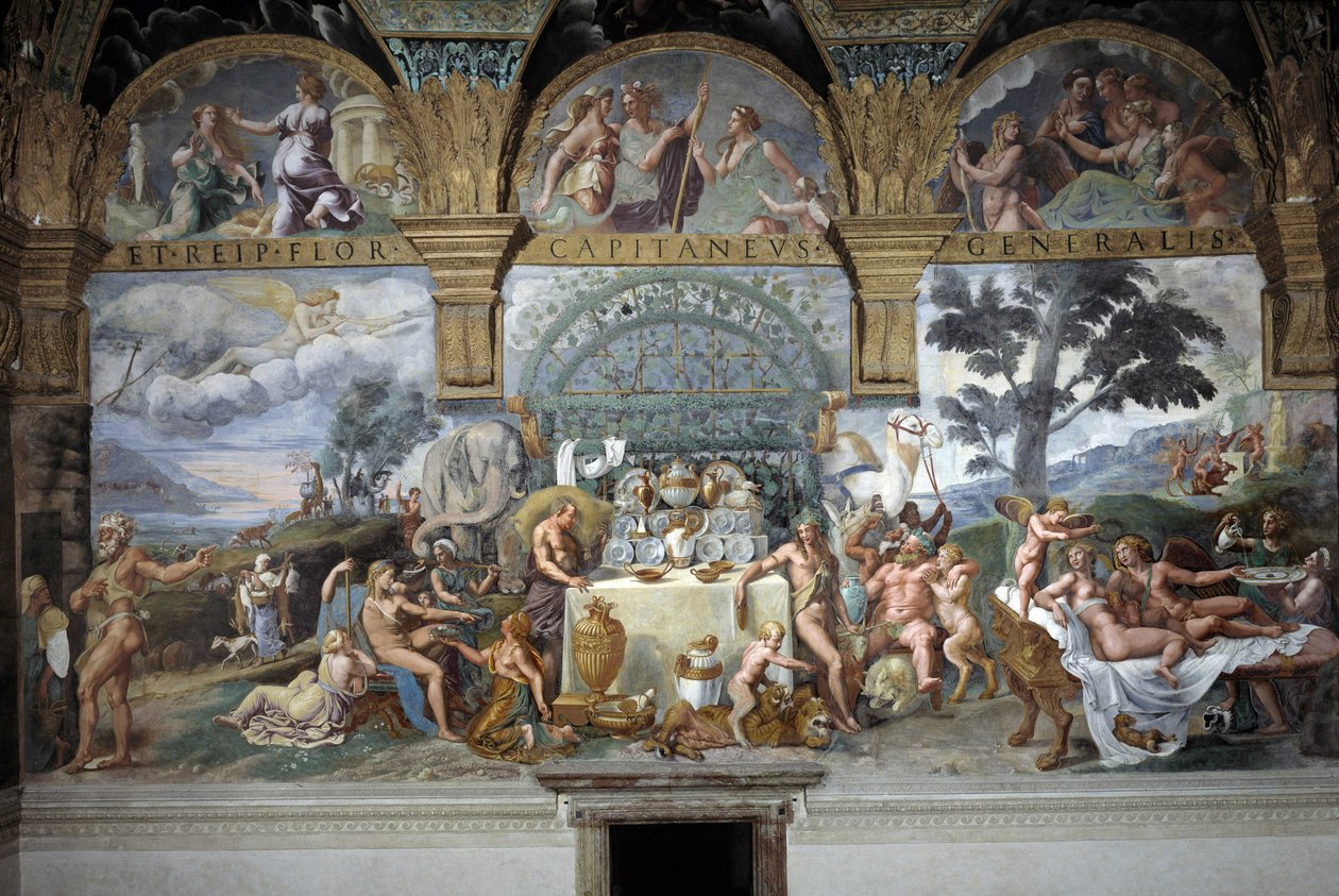The Noble Banquet Celebrating the Marriage of Cupid and Psyche, South Wall of the Room of Cupid and Psyche, c.1527-31 (Fresco) by Giulio (and workshop) Romano