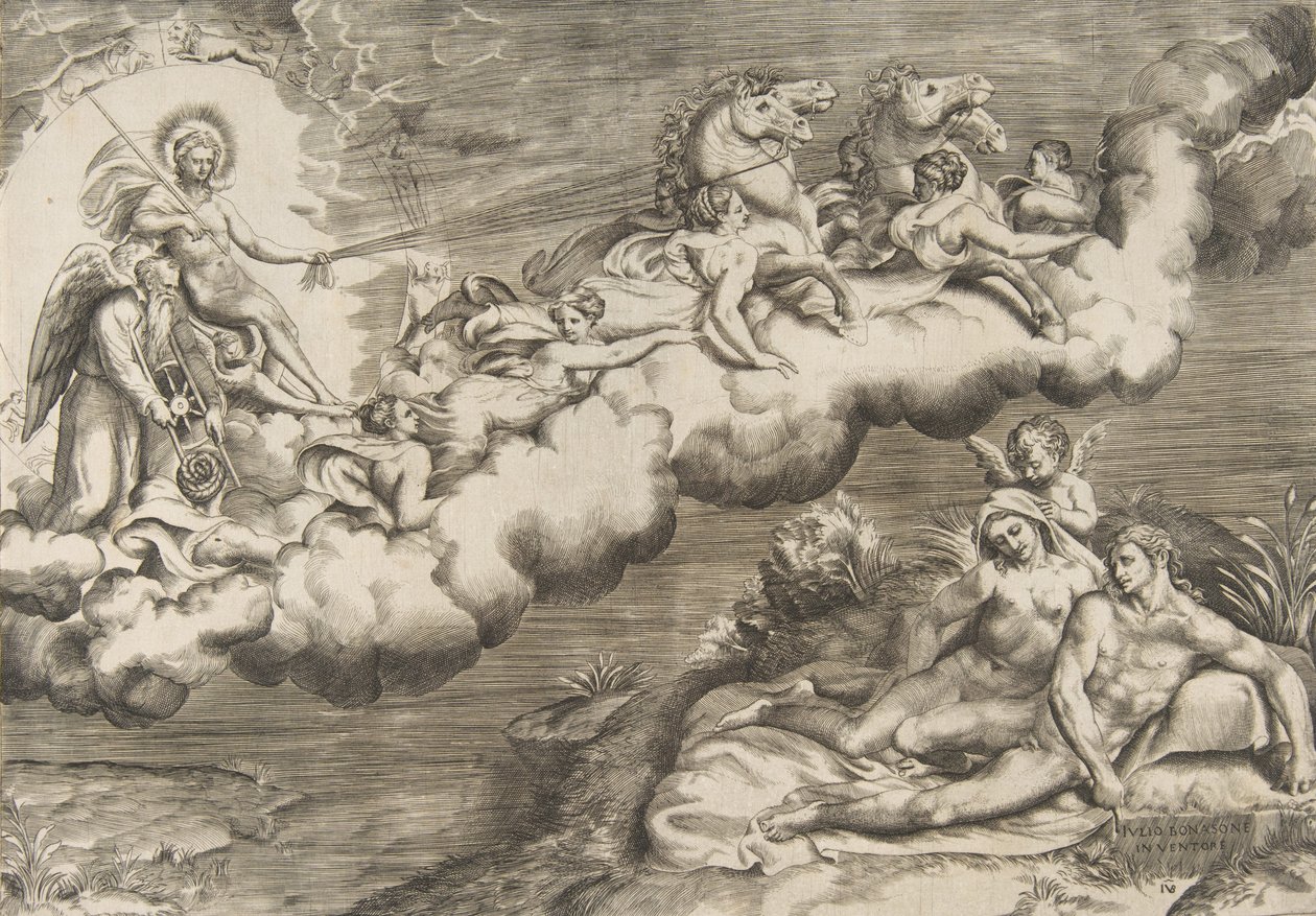 An allegory of the rising sun, a naked man wearing a shroud and accompanied Father Time by Giulio Bonasone