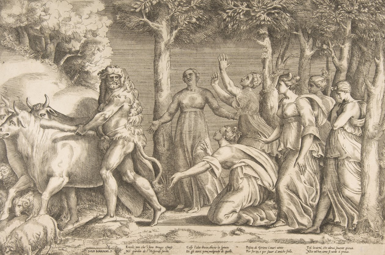 Hercules driving off the cattle of Geryon, at the right are the nymphs of Hesperides by Giulio Bonasone
