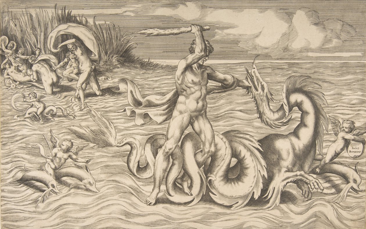 Hercules Fighting a Dragon in the Centre, Achelous Carrying Off Deianeira Upper Left by Giulio Bonasone