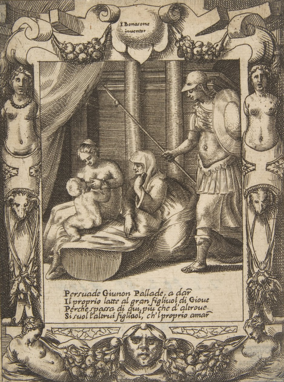 Juno Persuading Athena to Nurse the Young Hercules, Set Within an Elaborate Frame, ca. 1531-76 by Giulio Bonasone