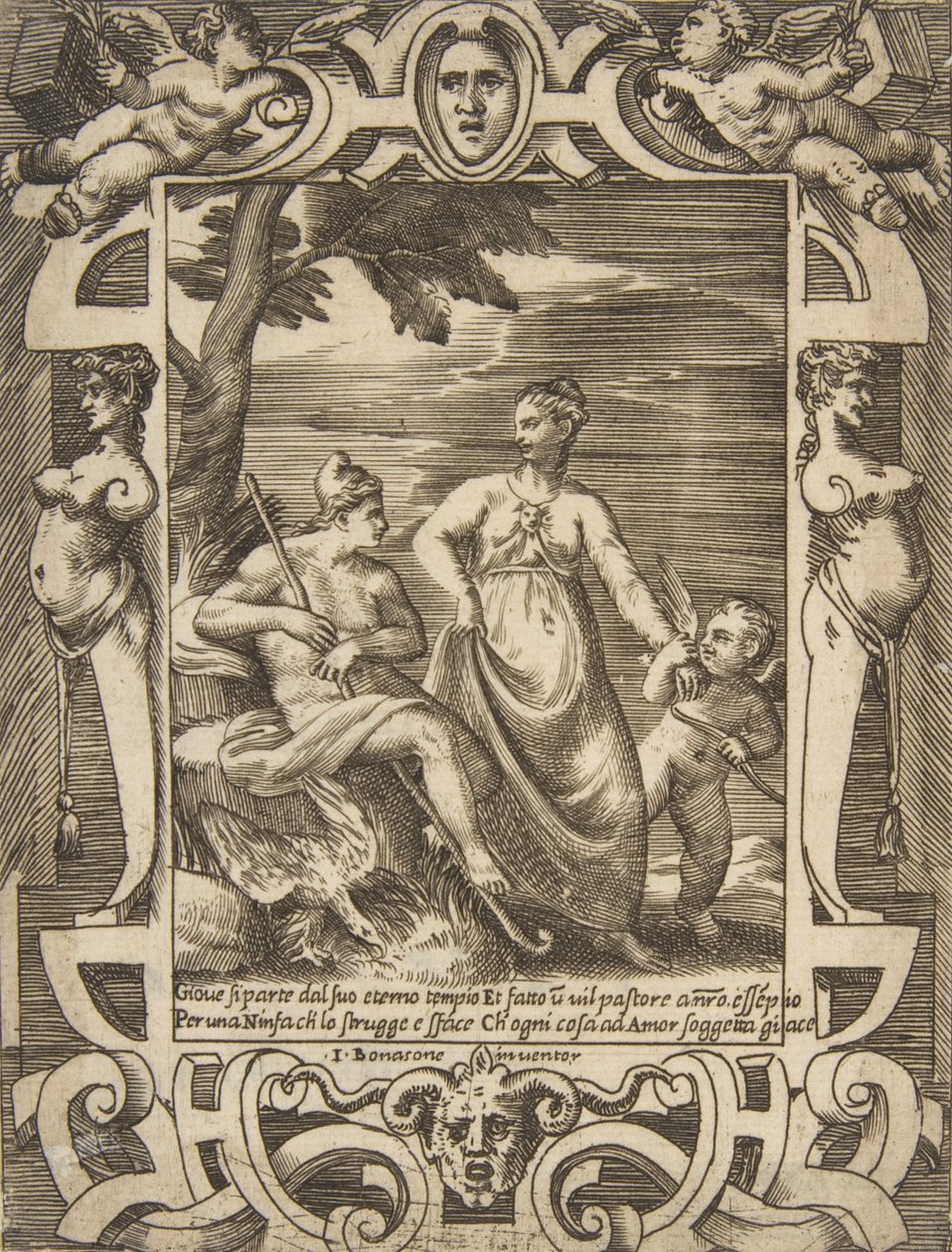 Jupiter at left in the form of a shepherd accompanied by Mnemosyne, set within an elaborate frame, 1531-76 by Giulio Bonasone