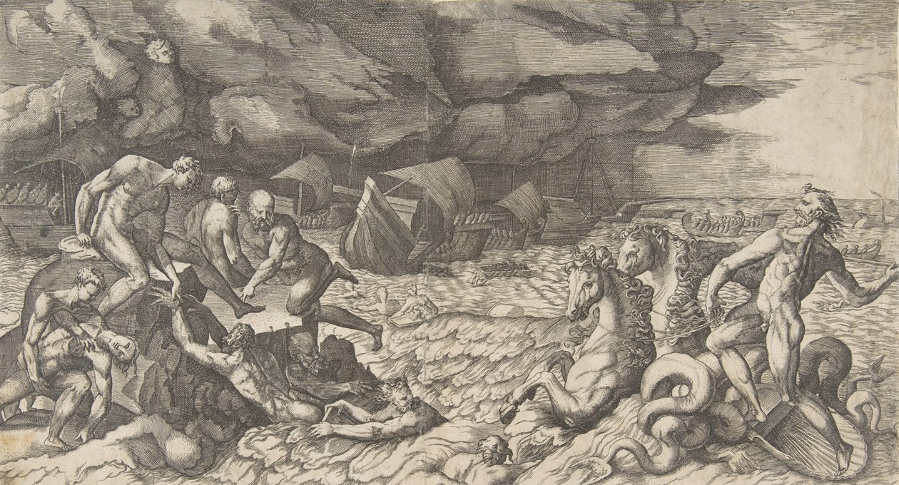 Neptune Calming the Tempest Aeolus Raised Against the Fleet of Aeneas, 1531-76 by Giulio Bonasone