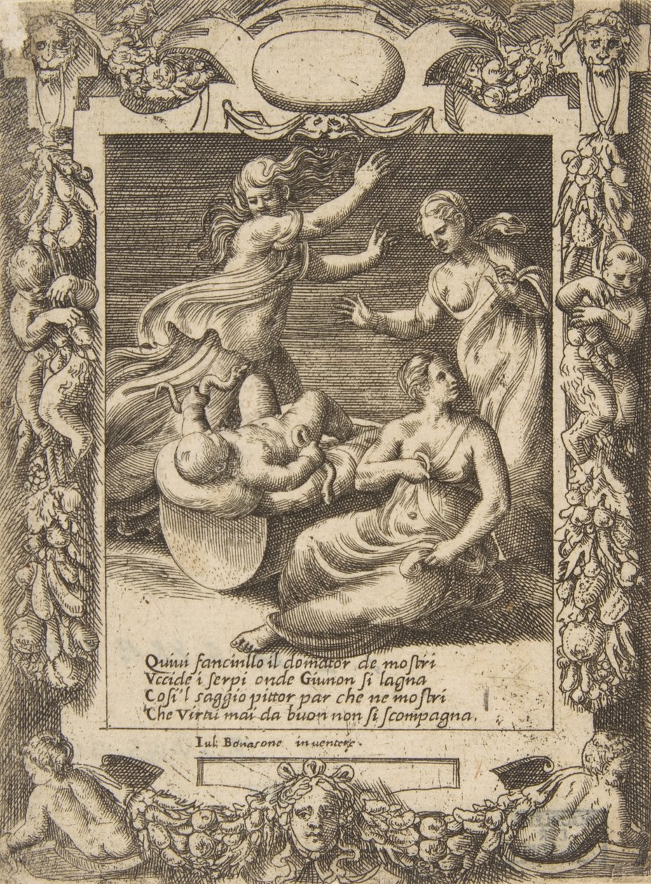 The infant Hercules killing the snakes, set within an elaborate frame, from the 
