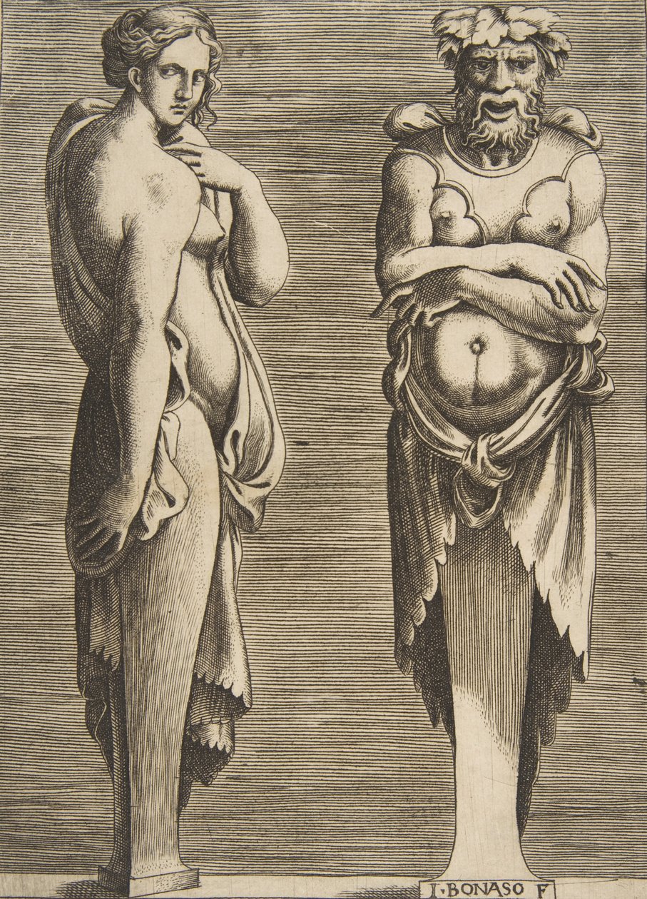 Two Terms, a Nymph at Left Silvanus at Right by Giulio Bonasone