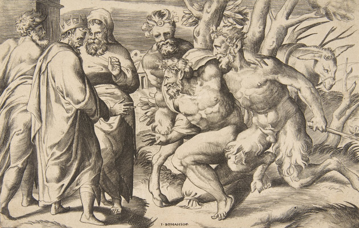 Two Satyrs Bringing Silenus, King Midas Standing at the Left by Giulio Bonasone