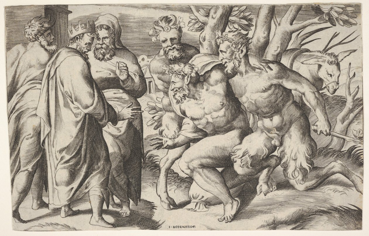 Two Satyrs Leading Silenus to King Midas by Giulio Bonasone