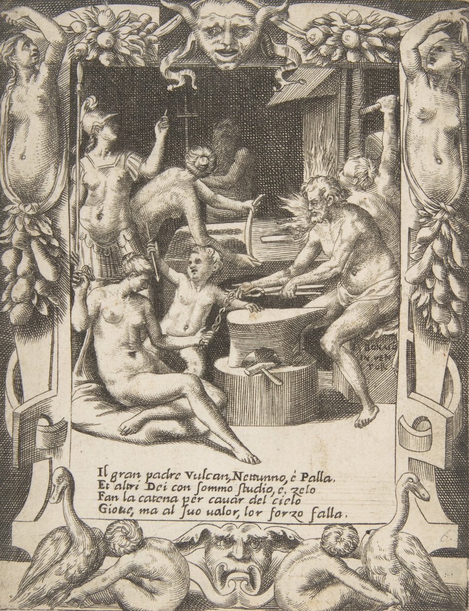 Vulcan, Neptune, Athena and Other Gods Making Shackles to Pull Jupiter from the Heavens by Giulio Bonasone