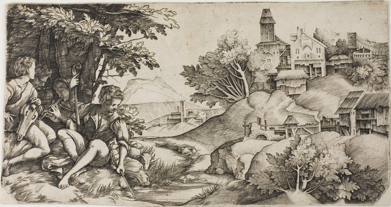 Shepherds in a Landscape by Giulio Campagnola
