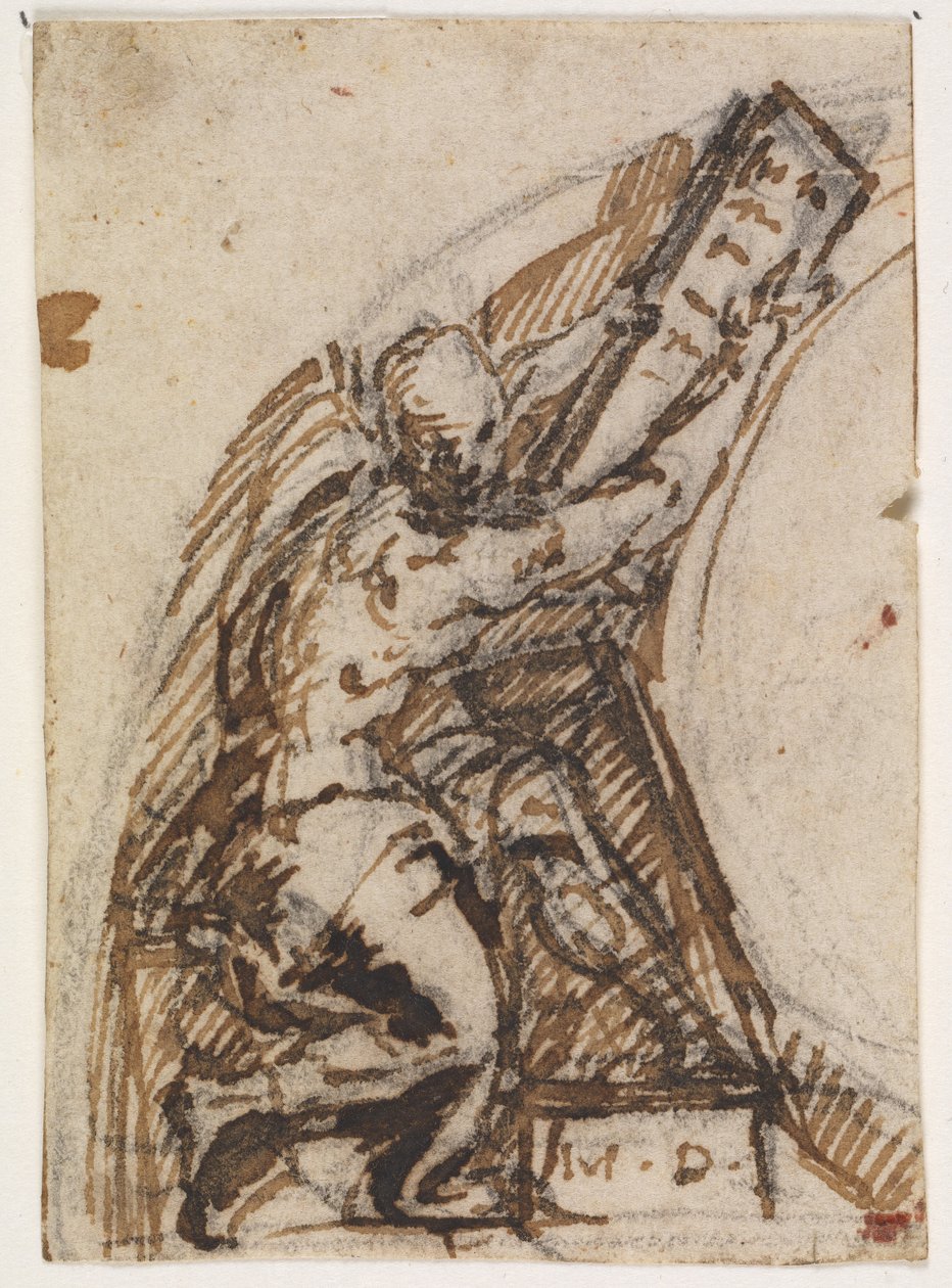 Seated Man with a Writing Tablet(?). Architectural Detail by Giulio Campi