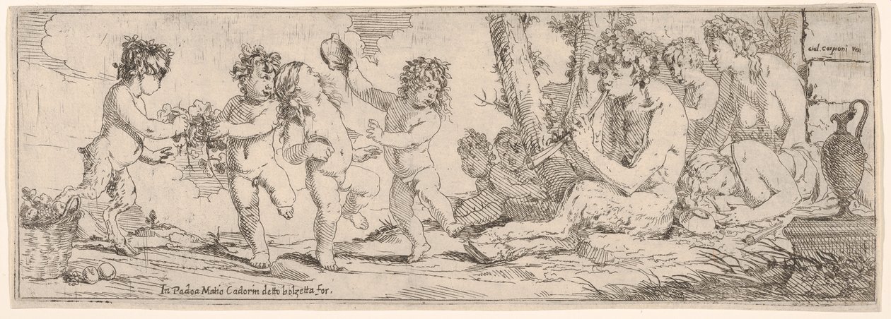 Bacchanal with satyr playing a lute and surrounded by four figures, 1640-60 by Giulio Carpioni