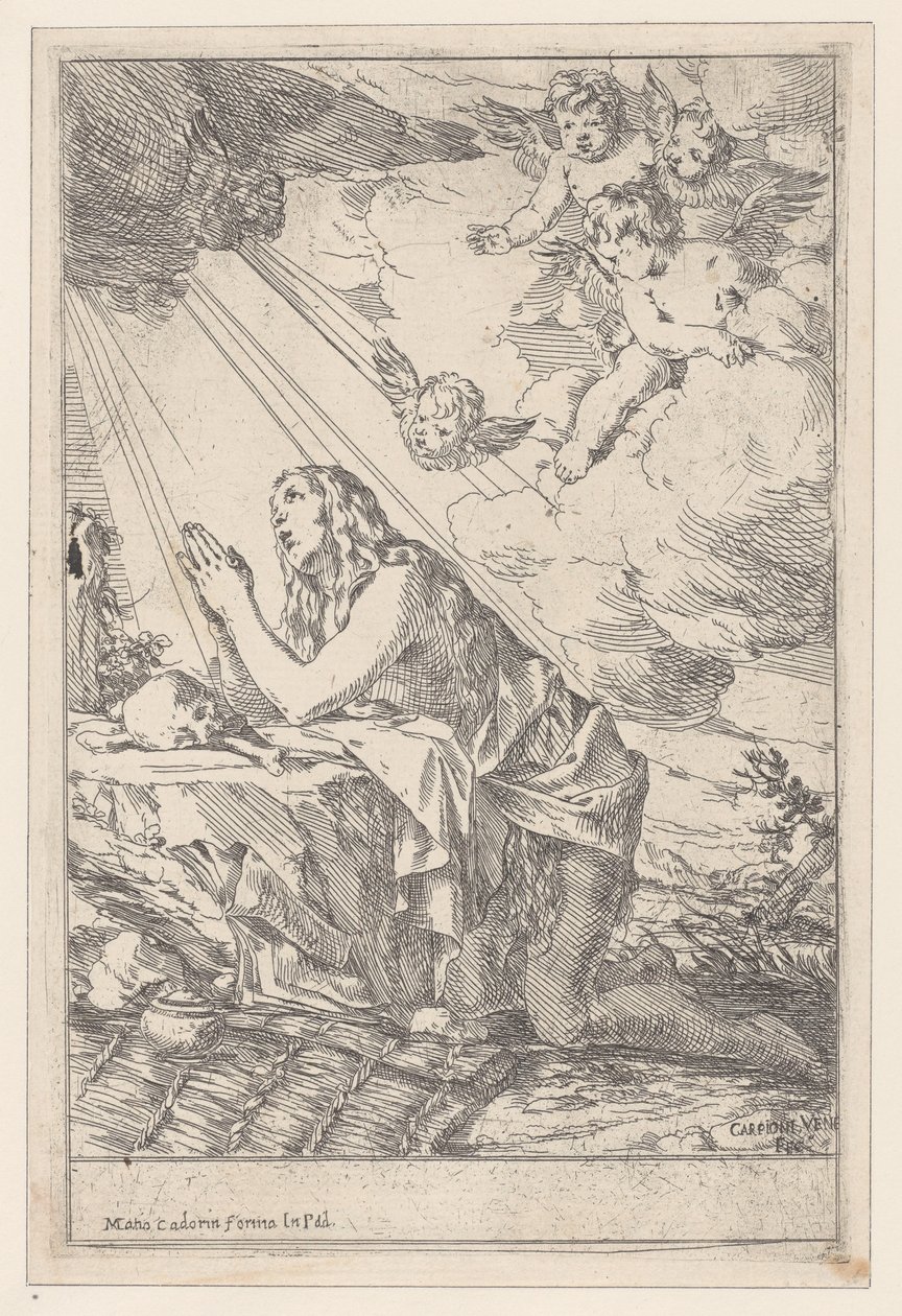 The Penitent Saint Mary Magdalene, kneeling before a skull and bones by Giulio Carpioni