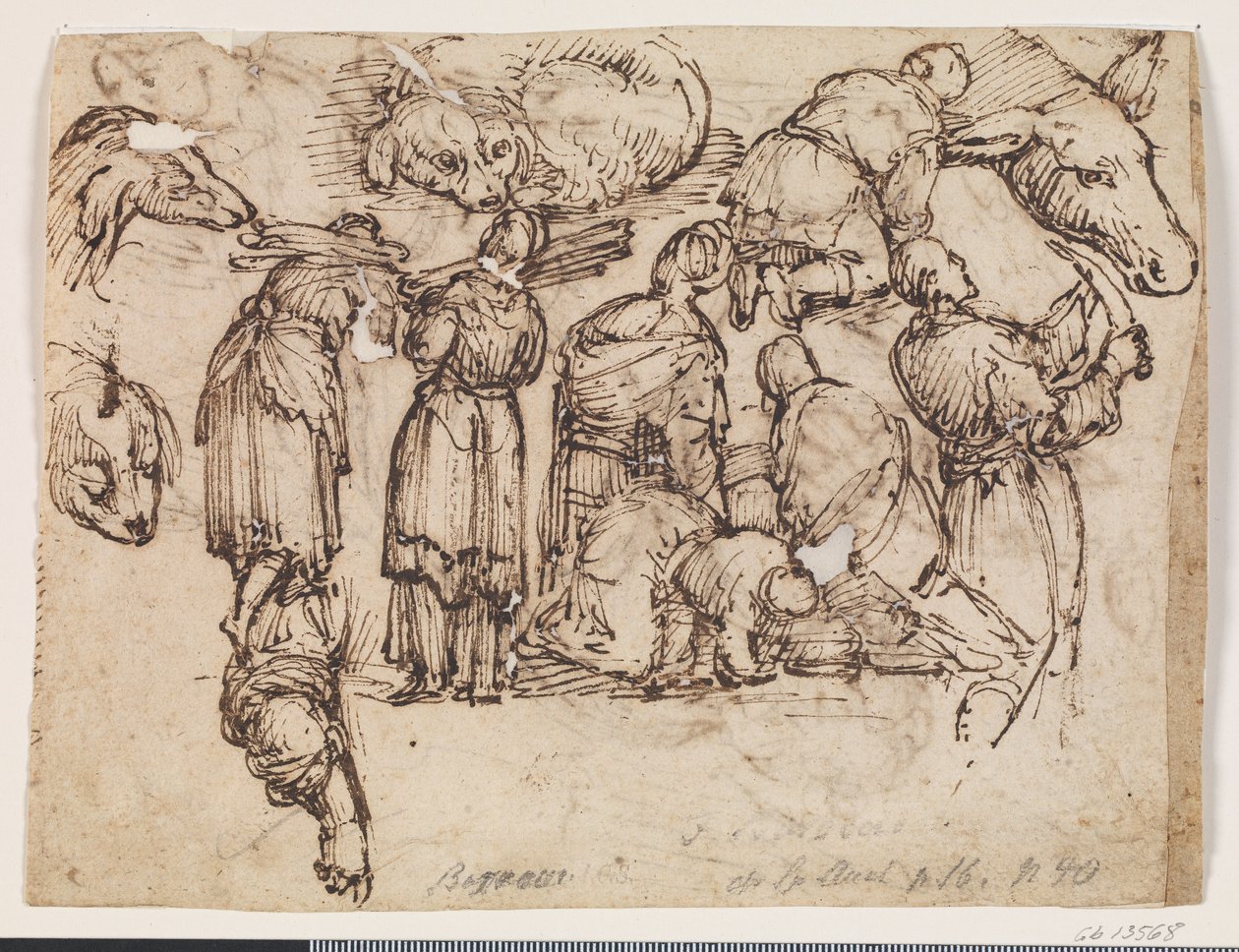 Various Studies for a Total of 7 People. Including Women Carrying Bundles, a Man with a Knife, and Studies of a Donkey