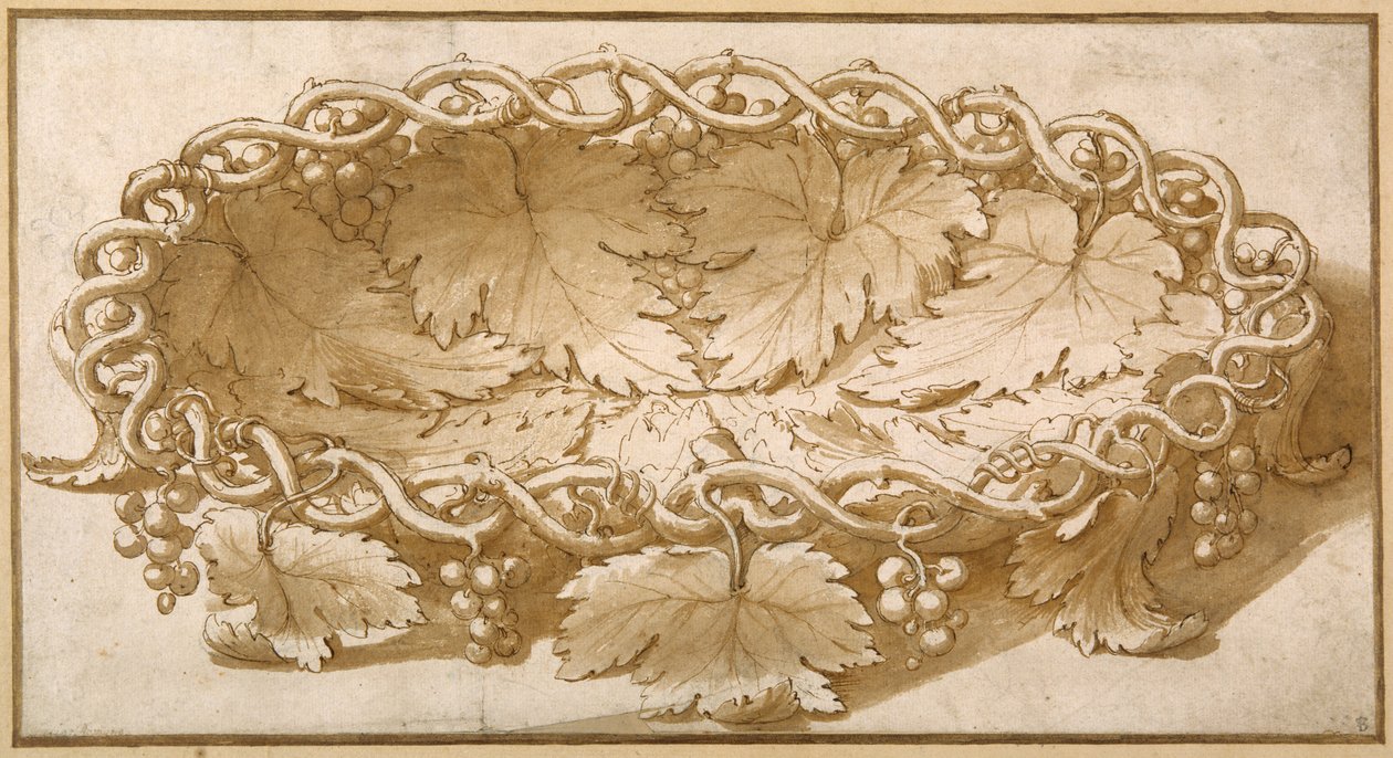 Design for an oval fruit bowl, with vine tendrils, leaves and grapes by Giulio Romano