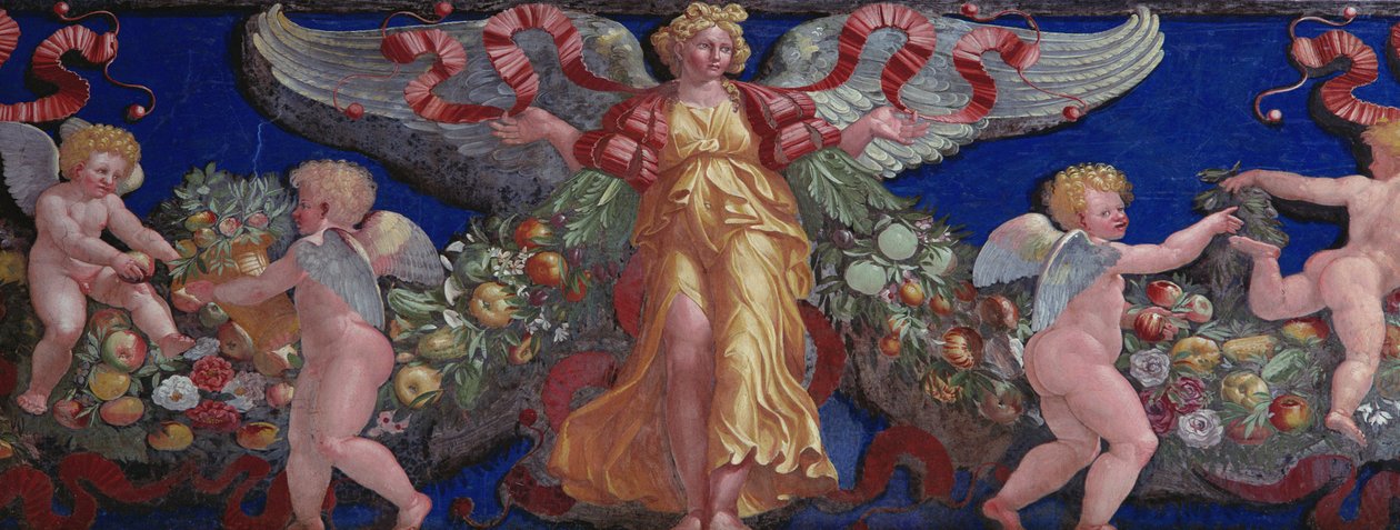 Camera con Fregio di Amorini, Angel in a Golden Dress with Spread Wings (detail) by Giulio Romano